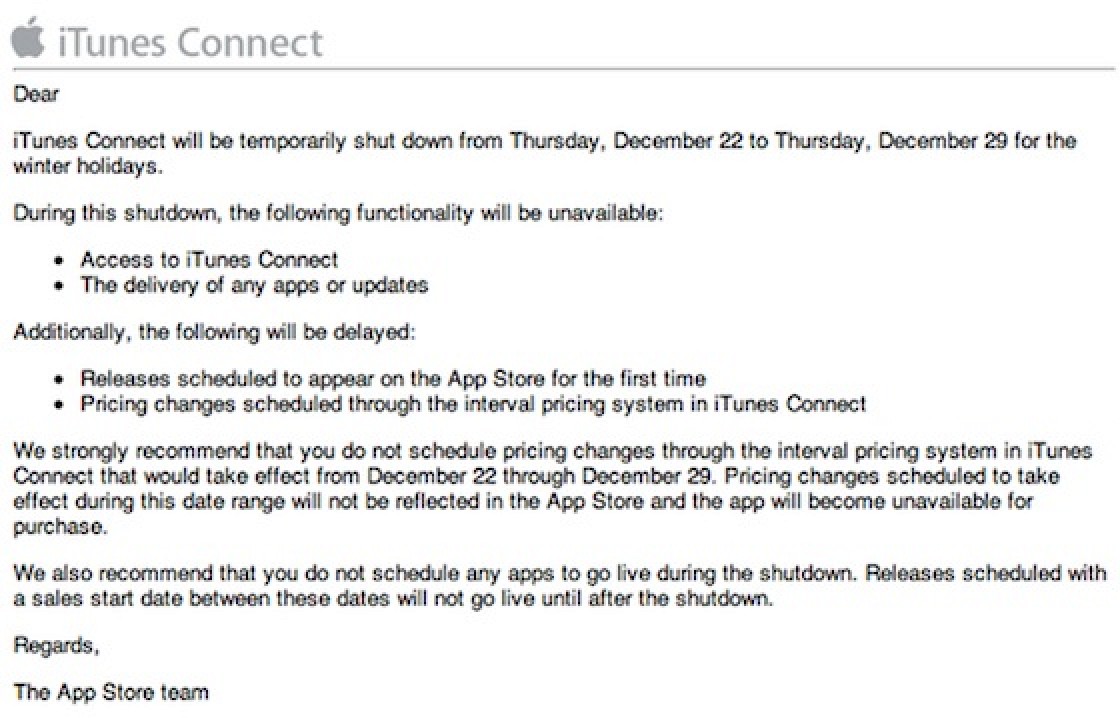 Annual iTunes Connect Shutdown Set for December 22nd-29th - Mac Rumors