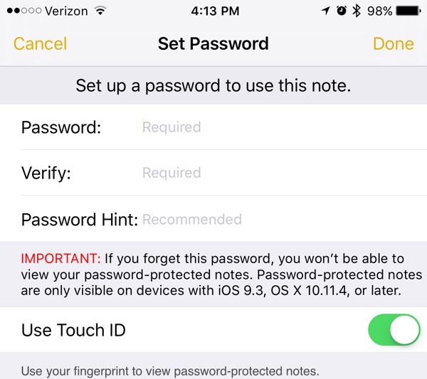 iOS 9.3 Notes Password Protection