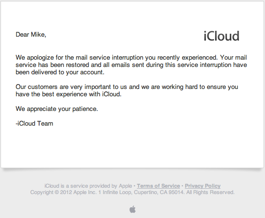 letters 6 agreement complete iCloud Apple MacRumors Sends Outage for  Emailed  Apologies