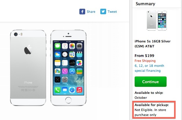 Apple Halts In-Store Pickup Option for iPhone 5s Orders in Online Store