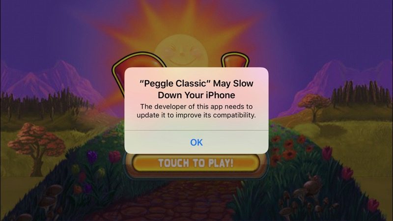 iOS error message: This app may slow down your phone.