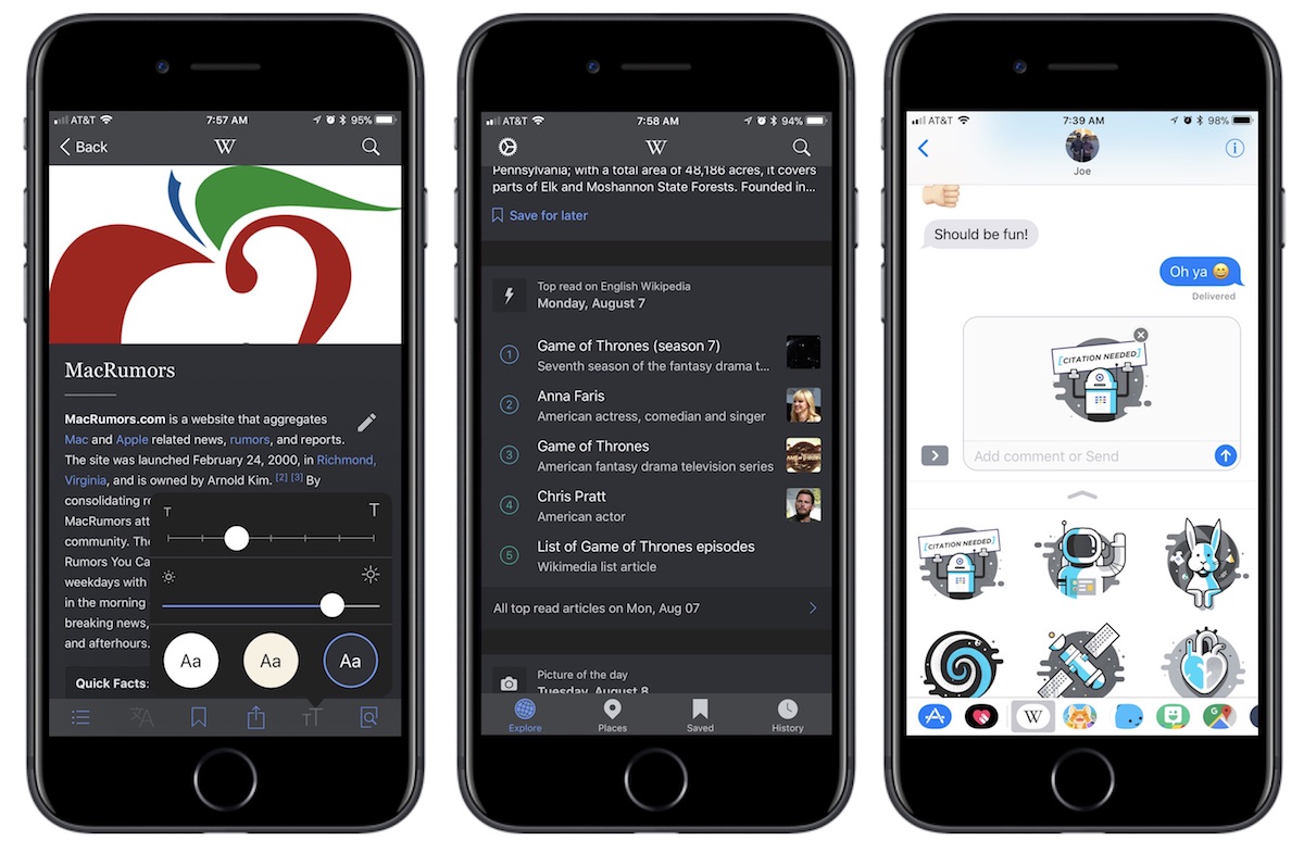 Official Wikipedia App for iOS Introduces Dark Mode and iMessage Sticker Pack