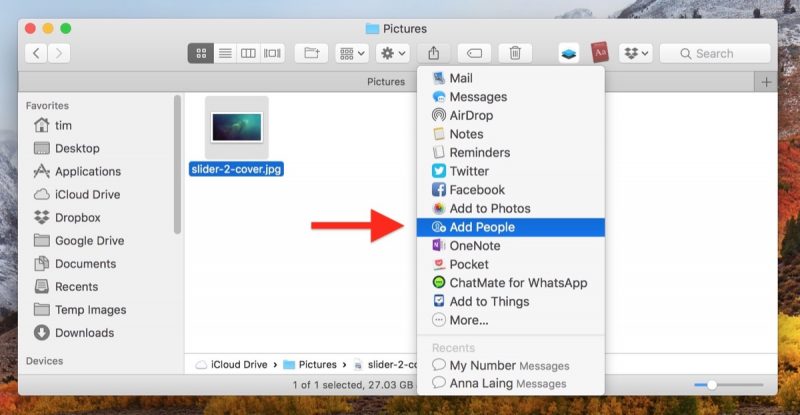 How To Share Files Stored In Your Icloud D!   rive Macrumors - click the share button and select add people from the dropdown menu alternatively right click or ctrl click the file and select share add people