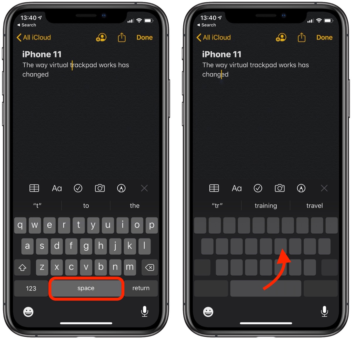 如何在 iPhone 11 及 iPhone 11 Pro 上使用键盘虚拟触控板？