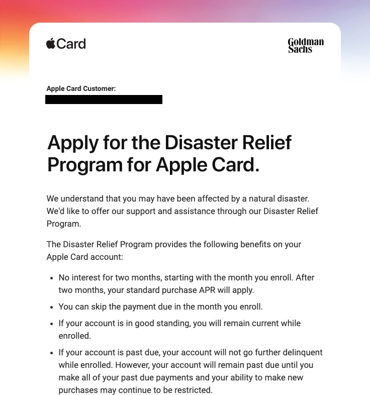 Apple Offers Disaster Relief Program for Apple Card Holders